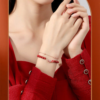 Buddha Gift 925 Sterling Silver Lucky Koi Fish Cinnabar Zircon Prosperity Double Layer Chain Bracelet