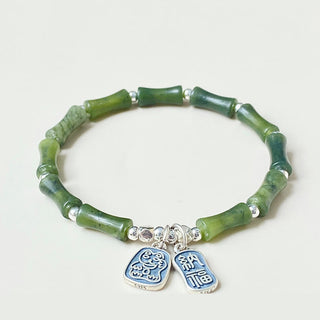 Buddha Gift 925 Sterling Silver Bamboo Jade Lucky Cat Fu Character Luck Abundance Bracelet