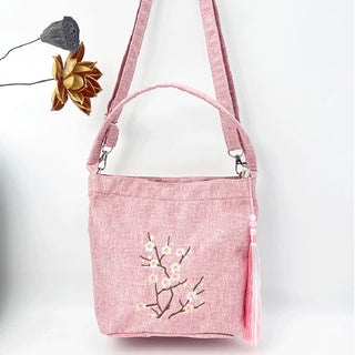 Buddha Gift Embroidery Wisteria Plum Lotus Cherry Blossom Cotton Linen Canvas Tote Crossbody Bag Shoulder Bag Handbag