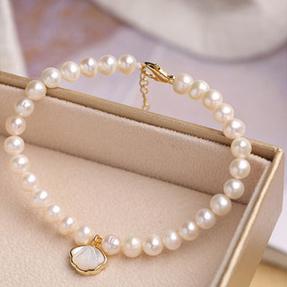 Buddha Gift 14K Gold Plated Natural Pearl Crystal Shell Charm Bead Bracelet