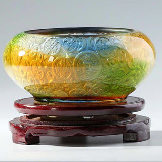 Buddha Gift Handmade Liuli Crystal Treasure Bowl Ingots Art Piece Home Decoration
