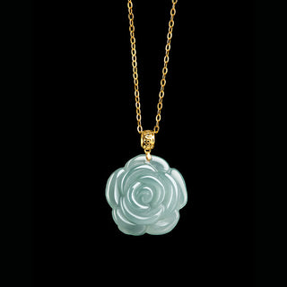Buddha Gift 18K Gold 925 Sterling Silver Natural Jade Rose Luck Necklace Pendant
