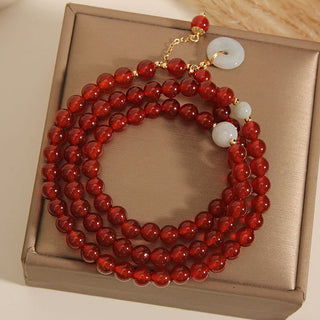 Buddha Gift Natural Red Agate Jade Peace Buckle Calm Triple Wrap Bracelet