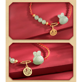 Buddha Gift 925 Sterling Silver Year of the Rabbit Hetian Jade Happiness Luck Red String Bracelet