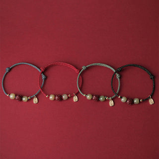 Buddha Gift 14K Gold Plated Hetian Jade Cinnabar Lotus Luck Handcrafted Rope Bracelet