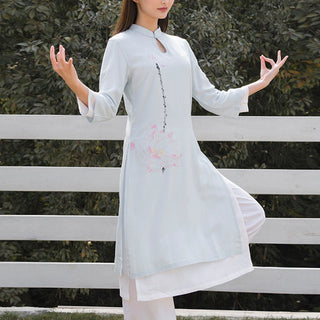 Buddha Gift 2Pcs Lotus Pattern Tai Chi Meditation Yoga Cotton Linen Clothing Top Pants Women's Set