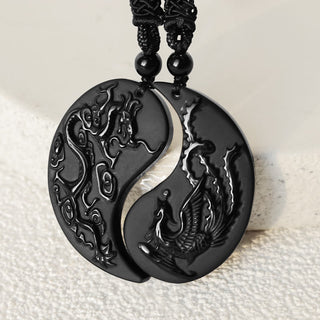 Buddha Gift Black Obsidian Yin Yang Dragon Phoenix Luck Necklace Pendant