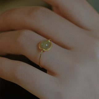 Buddha Gift 14K Gold Plated Round Jade Luck Prosperity Adjustable Ring