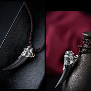 Buddha Gift 925 Sterling Silver Black Obsidian Wolf Tooth Pattern Strength Necklace Pendant
