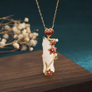 Buddha Gift White Jade Bamboo Lotus Flowers Luck Protection Necklace Pendant
