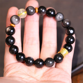 Buddha Gift Natural Silver Sheen Obsidian Crystal Om Mani Padme Hum Bead Protection Bracelet