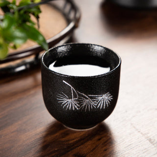 Buddha Gift Hand Painted Lotus Flower Bamboo Chrysanthemum Black Pottery Ceramic Teacup Kung Fu Tea Cup 95ml