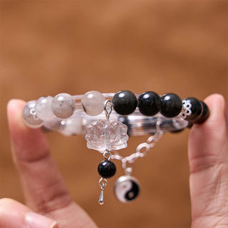 Buddha Gift Silver Sheen Obsidian Crackle Clear Quartz Black Rutilated Quartz Yin Yang Lotus Protection Bracelet