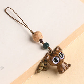 Buddha Gift Green Sandalwood Lucky Cat Koi Fish Cure Key Chain Phone Hanging Decoration