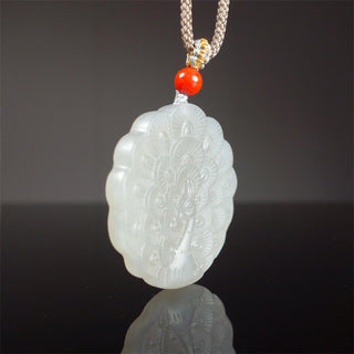 Buddha Gift White Jade Peacock Protection Blessing Necklace Pendant