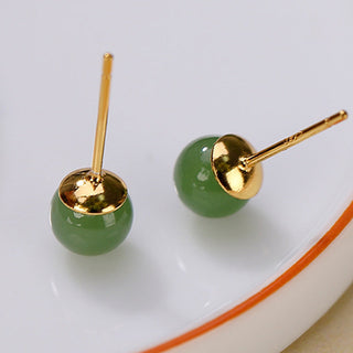 Buddha Gift 925 Sterling Silver Round Cyan Jade Healing Calm Stud Earrings