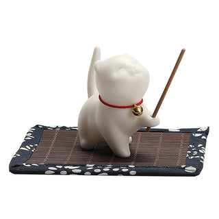 Buddha Gift Mini Lucky Cat Kitten Tea Pet Ceramic Home Desk Figurine Decoration With Bamboo Mat