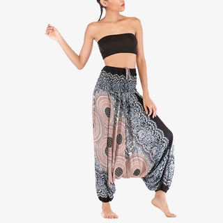 Buddha Gift Two Style Wear Round Geometric Pattern Loose Smocked Harem Trousers Jumpsuit High Waist Women's Yoga Pants