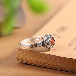 Buddha Gift925 Sterling Silver Lotus Red Agate Confidence Blessing Ring
