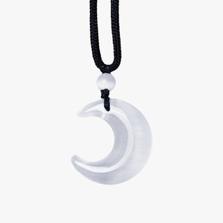 Buddha Gift Natural Silver Sheen Obsidian Selenite Crystal Crescent Moon Yin Yang Couple Protection Necklace Pendant