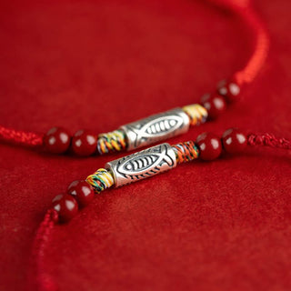 Buddha Gift 925 Sterling Silver Koi Fish Cinnabar Bead Wealth Handcrafted Braided Bracelet Anklet