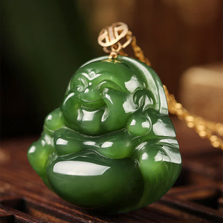 Buddha Gift 925 Sterling Silver Laughing Buddha Hetian Cyan Jade 18K Gold Success Necklace Chain Pendant
