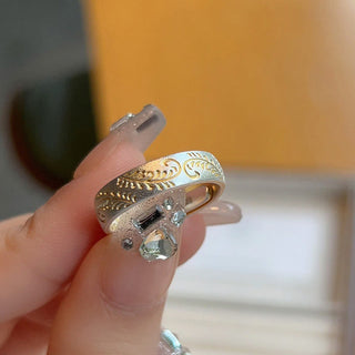 Buddha Gift 999 Sterling Silver Gold-Painted Joyful Flower Pattern Peaceful Heart Sutra Ring