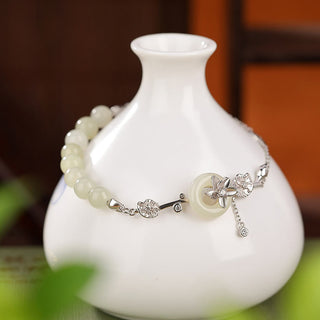 Buddha Gift 925 Sterling Silver Hetian Jade Peace Buckle Lotus Luck Chain Bracelet