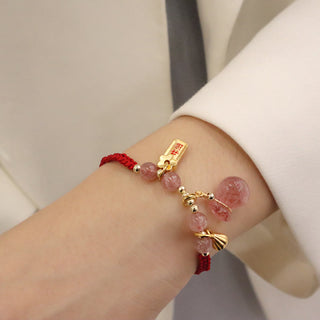 Buddha Gift Natural Strawberry Quartz Money Bag Lotus Healing Charm Red String Braided Bracelet