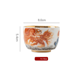 Buddha Gift Dragon Phoenix Crane Sun Ocean Waves Gilt Ceramic Teacup Kung Fu Tea Cup 170ml