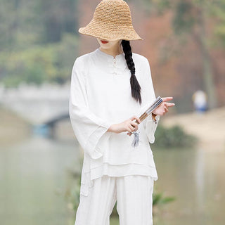 Buddha Gift 2Pcs Plain Design Top Pants Meditation Yoga Zen Tai Chi Cotton Linen Clothing Women's Set