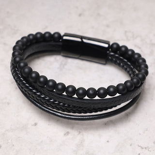 Buddha Gift Natural Lava Rock Black Onyx Bead Leather Bracelet