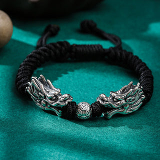 Buddha Gift 999 Sterling Silver Double Dragon Luck Handmade Braided Bracelet