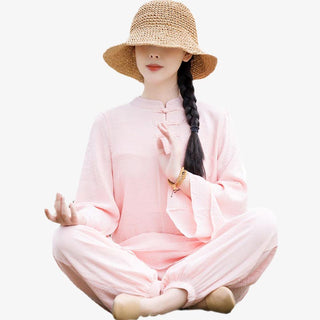Buddha Gift 2Pcs Plain Design Top Pants Meditation Yoga Zen Tai Chi Cotton Linen Clothing Women's Set