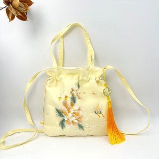 Buddha Gift Lotus Peony Epiphyllum Phoenix Suzhou Embroidery Cotton Linen Tote Crossbody Bag Shoulder Bag Handbag