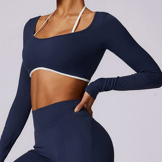 Buddha Gift Solid Color Halter Neck Bra Long Sleeve Crop Tank Top Pants Sports Fitness Gym Yoga Outfits