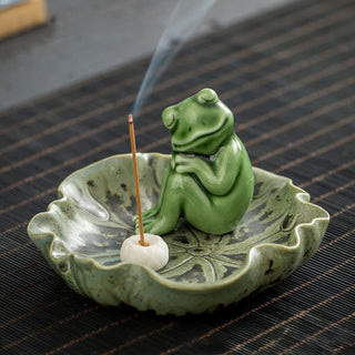 Buddha Gift Leaf Meditation Frog Pattern Healing Ceramic Incense Burner Decoration