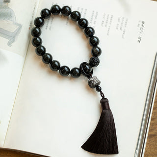Buddha Gift Natural Silver Sheen Obsidian Black Obsidian Lion Wrist Mala Protection Tassels Pocket Mala Car Decoration