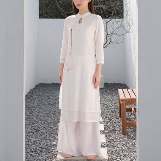 Buddha Gift 2Pcs Lotus Pattern Tai Chi Meditation Yoga Cotton Linen Clothing Top Pants Women's Set