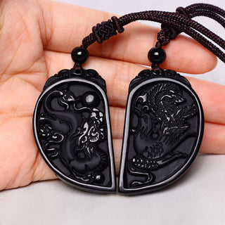 Buddha Gift Black Obsidian Love Dragon Phoenix Protection Necklace Pendant