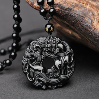 Buddha Gift Natural Black Obsidian Peace Buckle Pixiu Purification Necklace Pendant