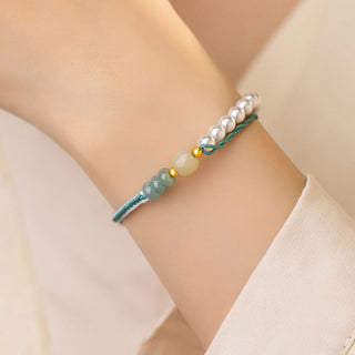 Buddha Gift 925 Sterling Silver Hetian Jade Braided Rope Pearl Abundance Bracelet