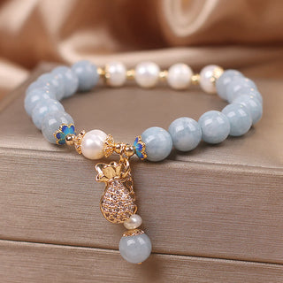 Buddha Gift Aquamarine Pearl Fortune Money Bag Charm Bracelet