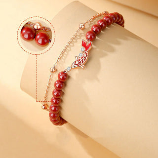 Buddha Gift 925 Sterling Silver Lucky Koi Fish Cinnabar Zircon Prosperity Double Layer Chain Bracelet