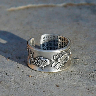 Buddha Gift 999 Sterling Silver Luck Koi Fish Lotus Heart Sutra Wealth Ring