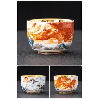 Buddha Gift Dragon Phoenix Crane Sun Ocean Waves Gilt Ceramic Teacup Kung Fu Tea Cup 170ml