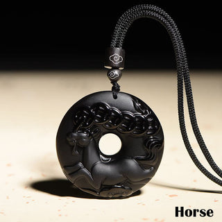 Buddha Gift Chinese Zodiac Natural Black Obsidian Peace Buckle Strength Necklace Pendant