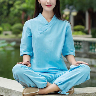 Buddha Gift 2Pcs Half Sleeve V-Neck Shirt Top Pants Meditation Zen Tai Chi Linen Clothing Women's Set