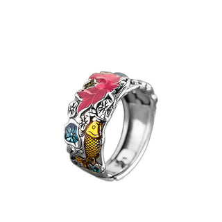 Buddha Gift 925 Sterling Silver Lotus Koi Fish Enlightenment Ring