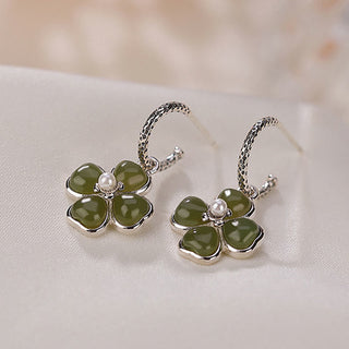 Buddha Gift 925 Sterling Silver Natural Cyan Jade Four Leaf Clover Luck Success Earrings